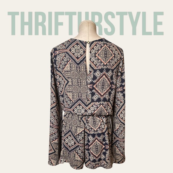 Womens Geometric Print Romper V Neck Long Sleeve Casual‎ Jumpsuit - Picture 2 of 9